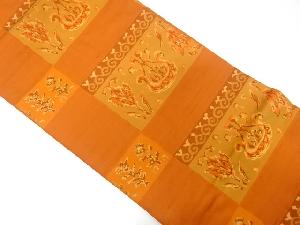 手織り紬　変わり市松に花更紗模様織り出し名古屋帯